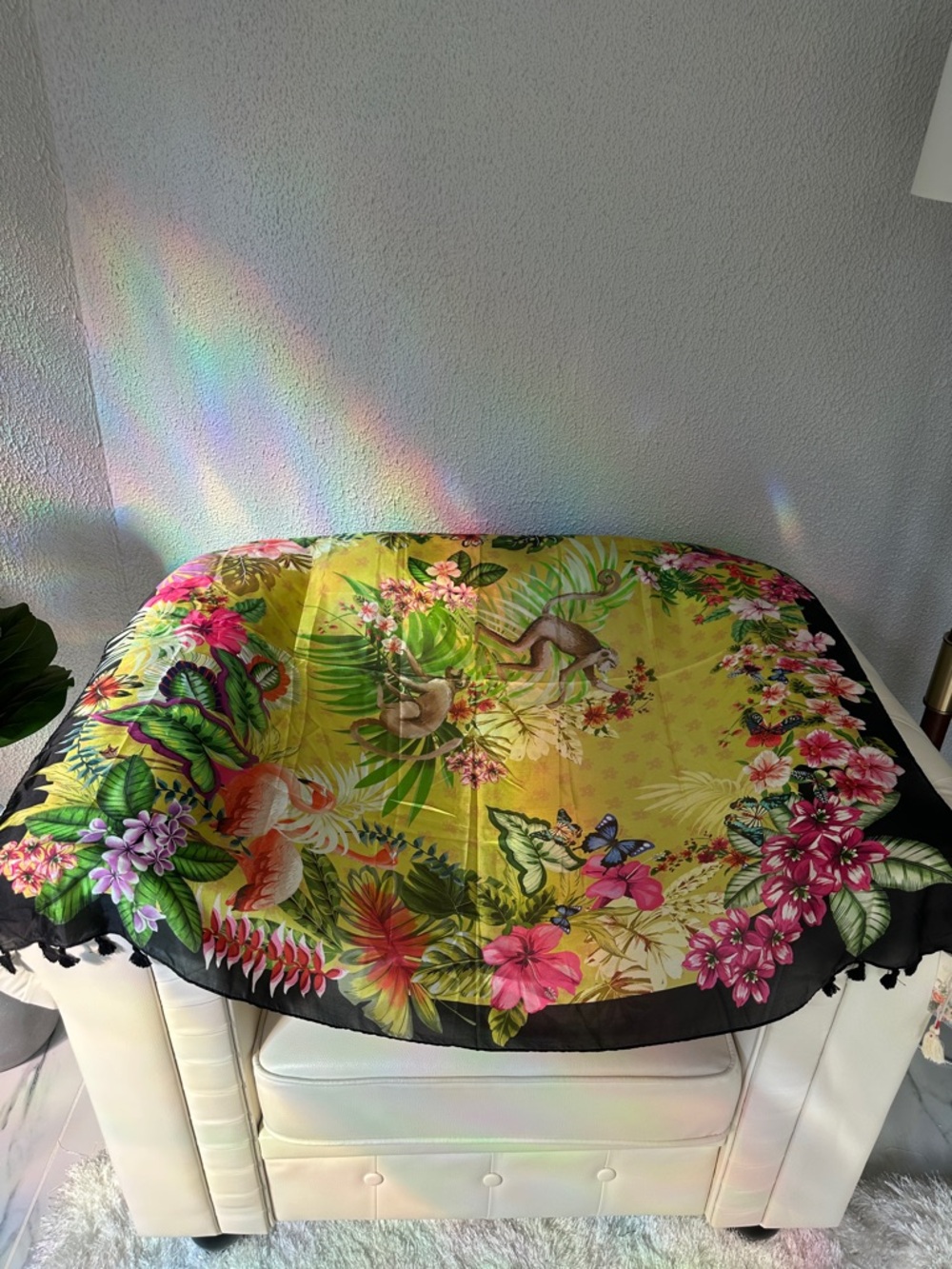 Johnny Was Amorina 100 Silk Scarf Tropical Floral Scarf-Yellow with Pink & Green - Picture 3 of 14